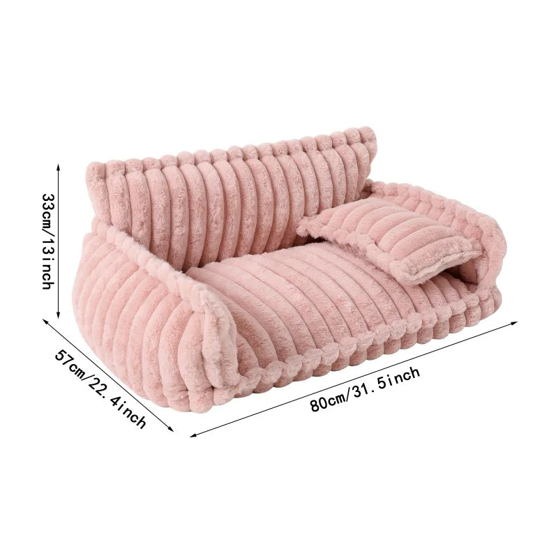 Soft Rabbit Plush Pet Sofa Bed Anti Slip Bottom Zipper Removable Cover Comfortable Pet Sleeping Couch With Pillow Fashion Striped Design Indoor Bedroom Living Room Pet Rest Furniture