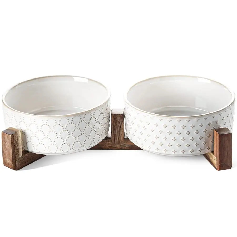 Bowls Ceramic for Small Medium Dogs 3Cup Dual Food amp Water Bowl Set with Acacia Wood Stand, NonSlip AntiTip Elevated Design