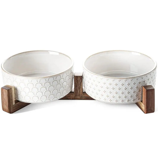 Bowls Ceramic for Small Medium Dogs 3Cup Dual Food amp Water Bowl Set with Acacia Wood Stand, NonSlip AntiTip Elevated Design