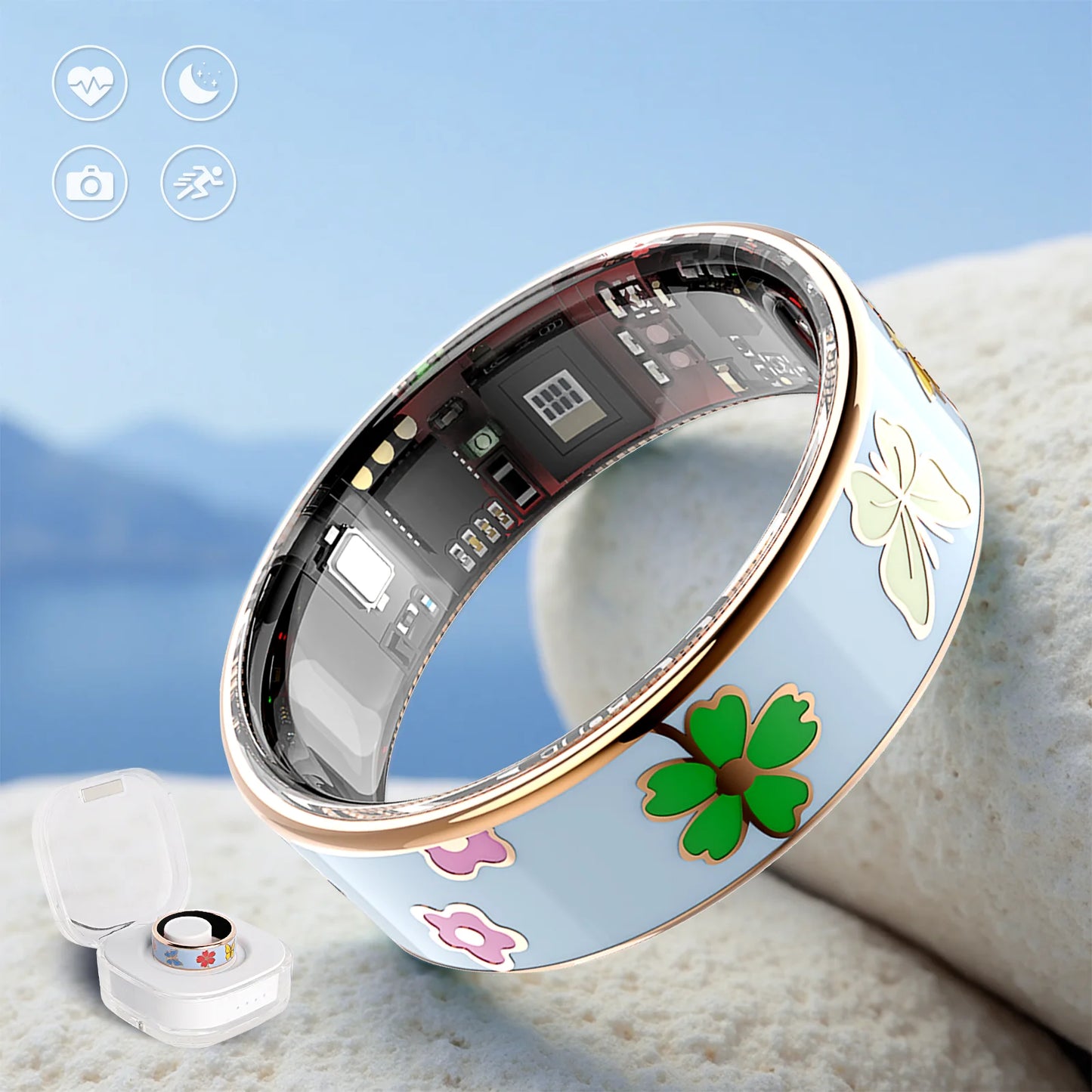 Smart ring Blue Dragonfly Lotus Style Activity tracking, calorie counting, stepcounting,distance tracking (km), 24/7 sleep tracking, heart rate monitoring, bodytemperaturemonitoring, blood oxygen monitoring, stress tracking,