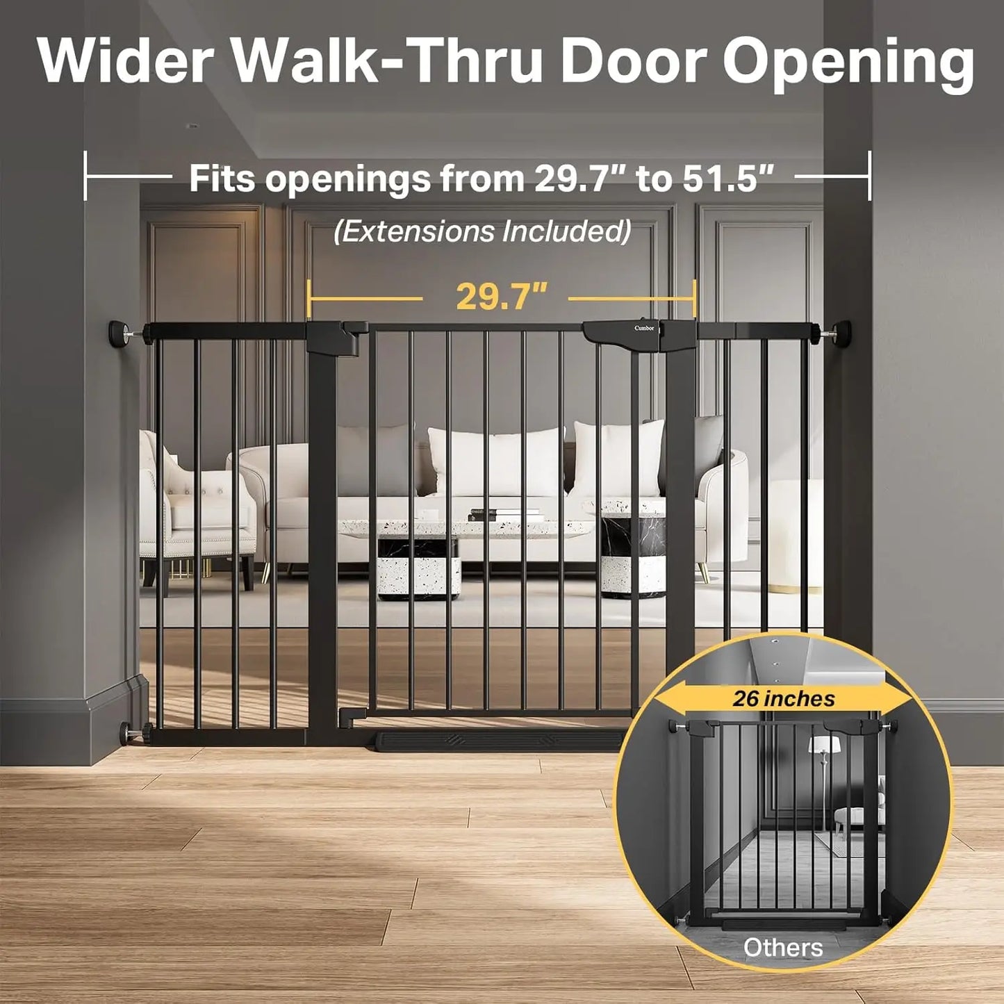 Extra Wide Auto-Close Baby and Pet Gate for Stairs, Doorways, Hallways - Pressure Mounted, No-Trip Design, Black