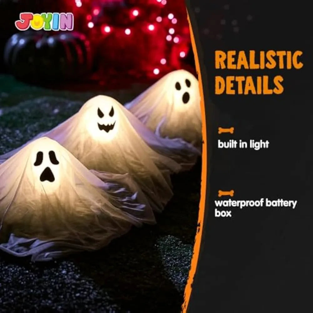 White Ghost Garden Stakes with Light UpHalloween Outdoor Decorations  Design (3 Packs) Cloth Ghost for Halloween Lights, Graveyard Yard Lawn Decorations