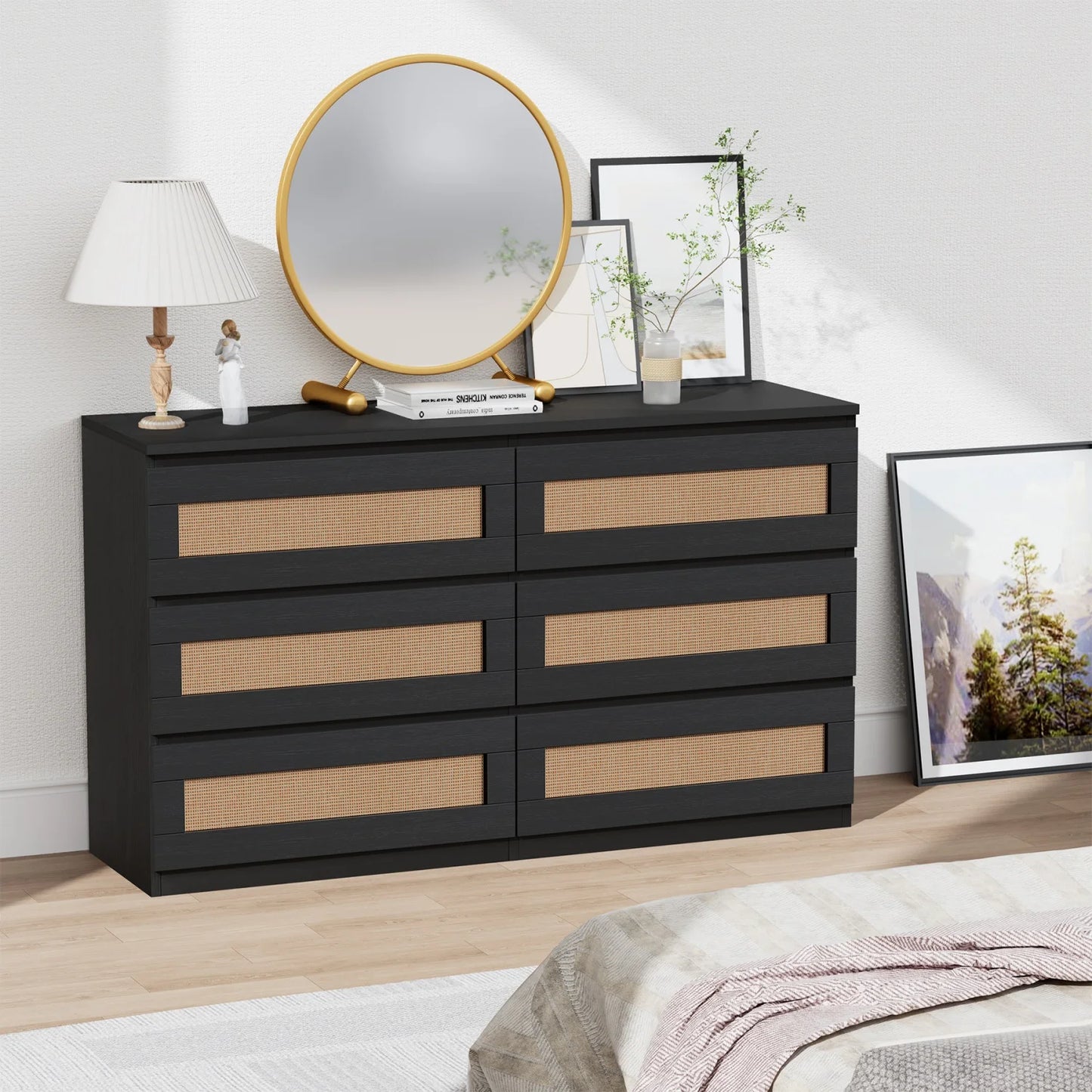 Modern Rattan 6-Drawer Dresser for Bedroom Wooden Chest of Drawers, Freestanding Storage Cabinet for Living Room and Entryway