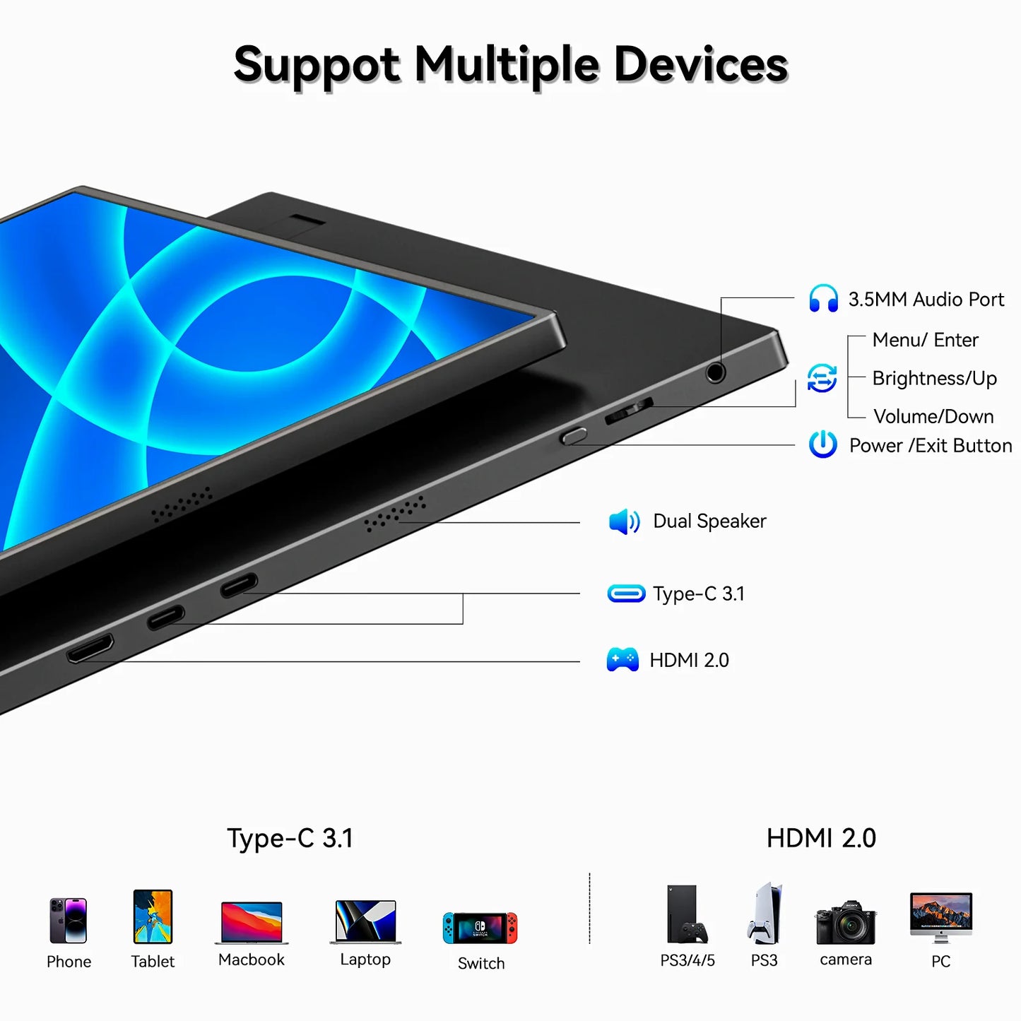 Highly Popular 15.6inch Portable Monitor 1920*1080 16:9 USB-C HDMI External Auxiliary Computer Monitor with Built-in Metal Stand