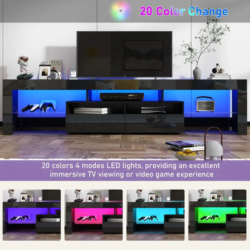 86IN LED TV Stand for 90 100 inch TV, High Glossy Modern Entertainment Center with Drawer and Led Lights, Television Table Medi