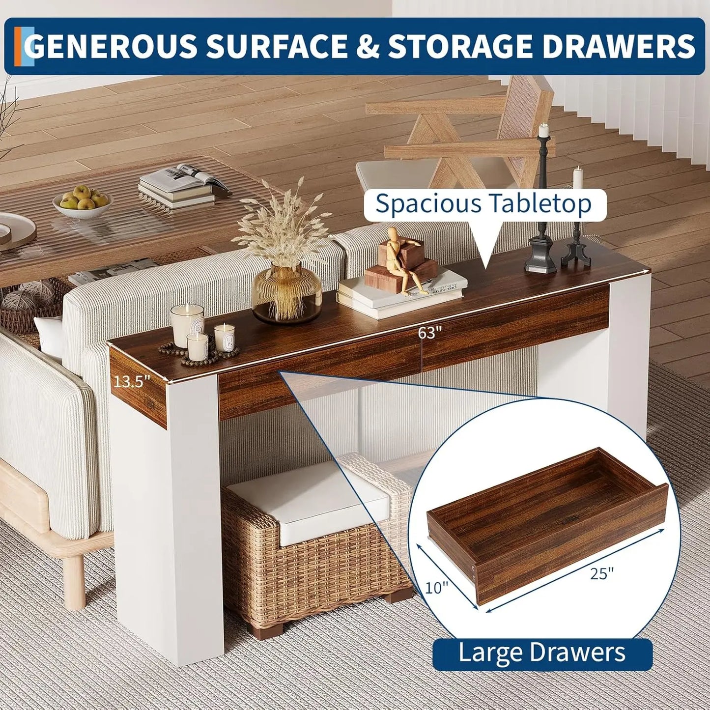63 Inch Entryway Table with 2 Drawers, Narrow Slim Console Table, Long Wood Sofa Table Behind Couch for Hallway & Living Room