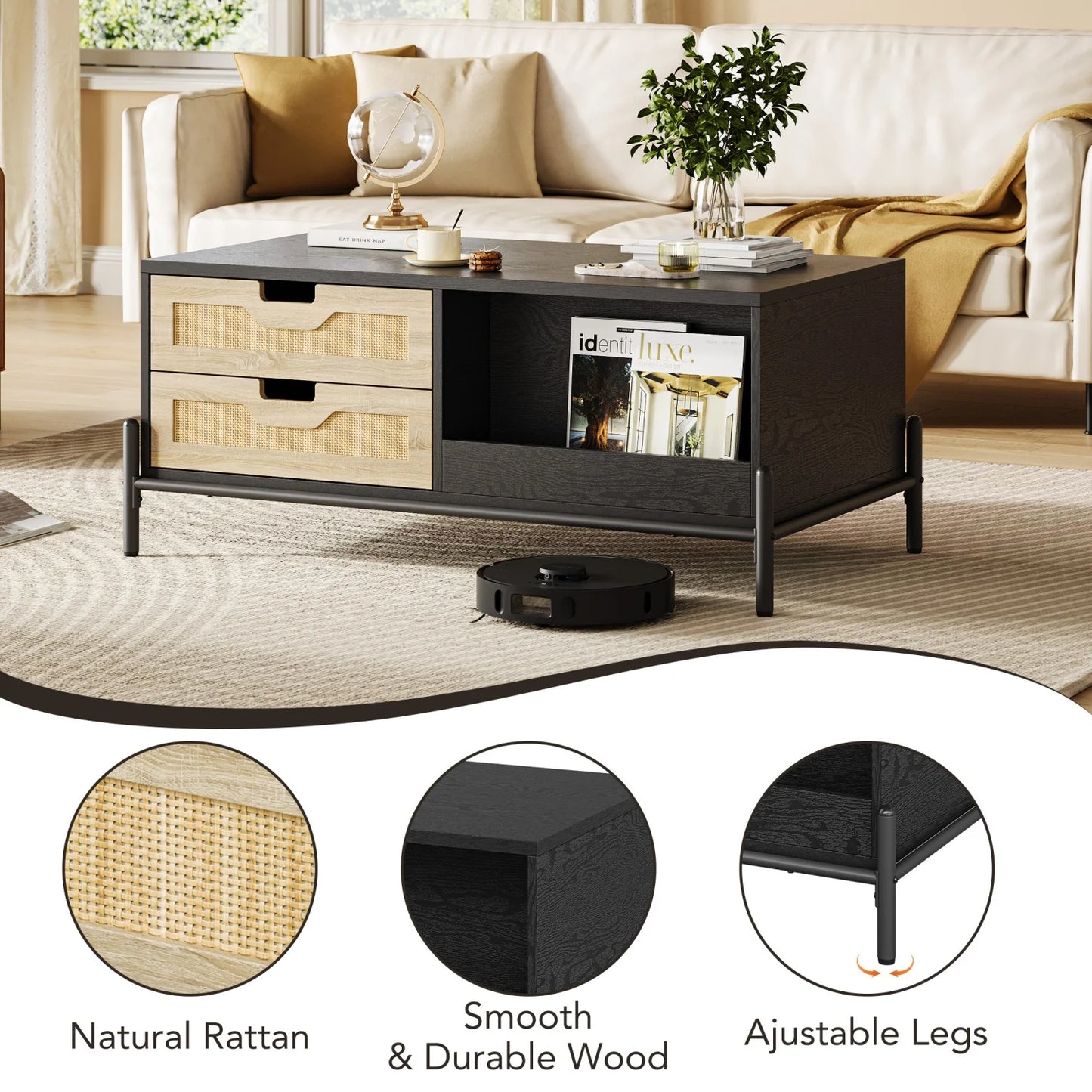 Farmhouse Living Room Table with 4 Drawers and Open Storage Shelf, Rattan Modern Wooden Coffee Table for Living Room, Office