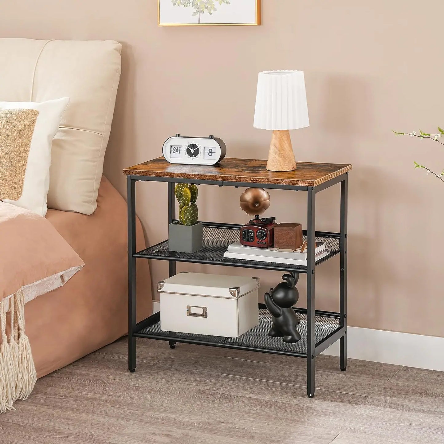 3-Tier Narrow Side Table with Adjustable Shelves for Small Spaces, Rustic Brown and Black