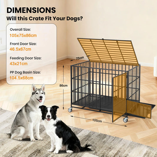 Heavy Duty Escape-Proof Metal Dog Crate Steel Kennel Dog Cage with 3 Doors, Removable Tray, Locking Wheels Medium/Large Breeds