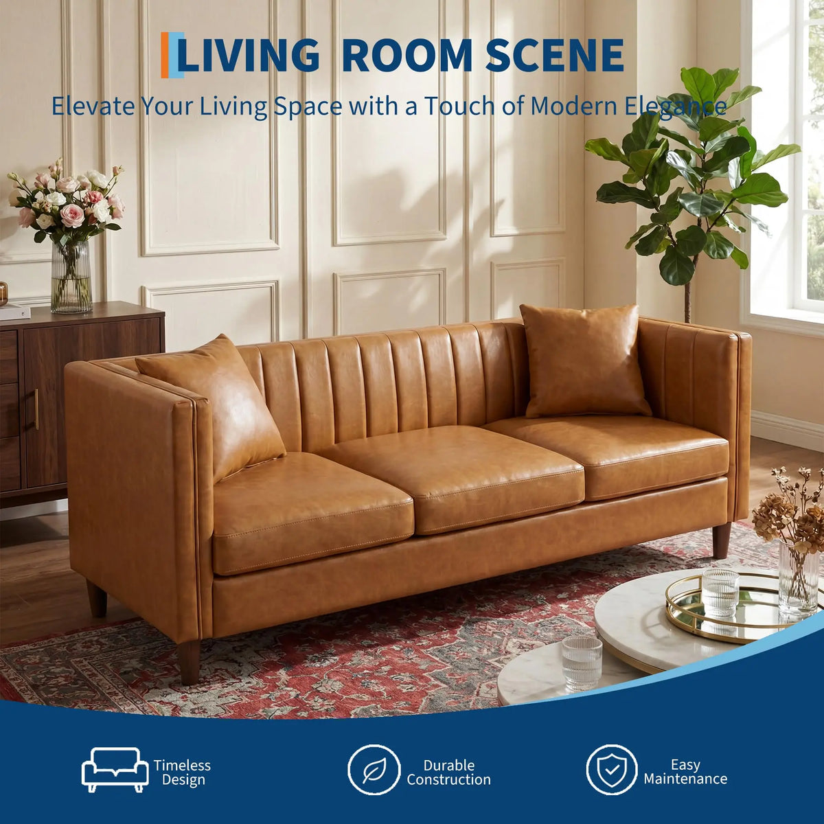 81 Inch Cognac Tan Faux Leather Sofa, Mid Century Modern 3 Seat Couch With Deep Seat, Wood Frame For Living Room, Apartment