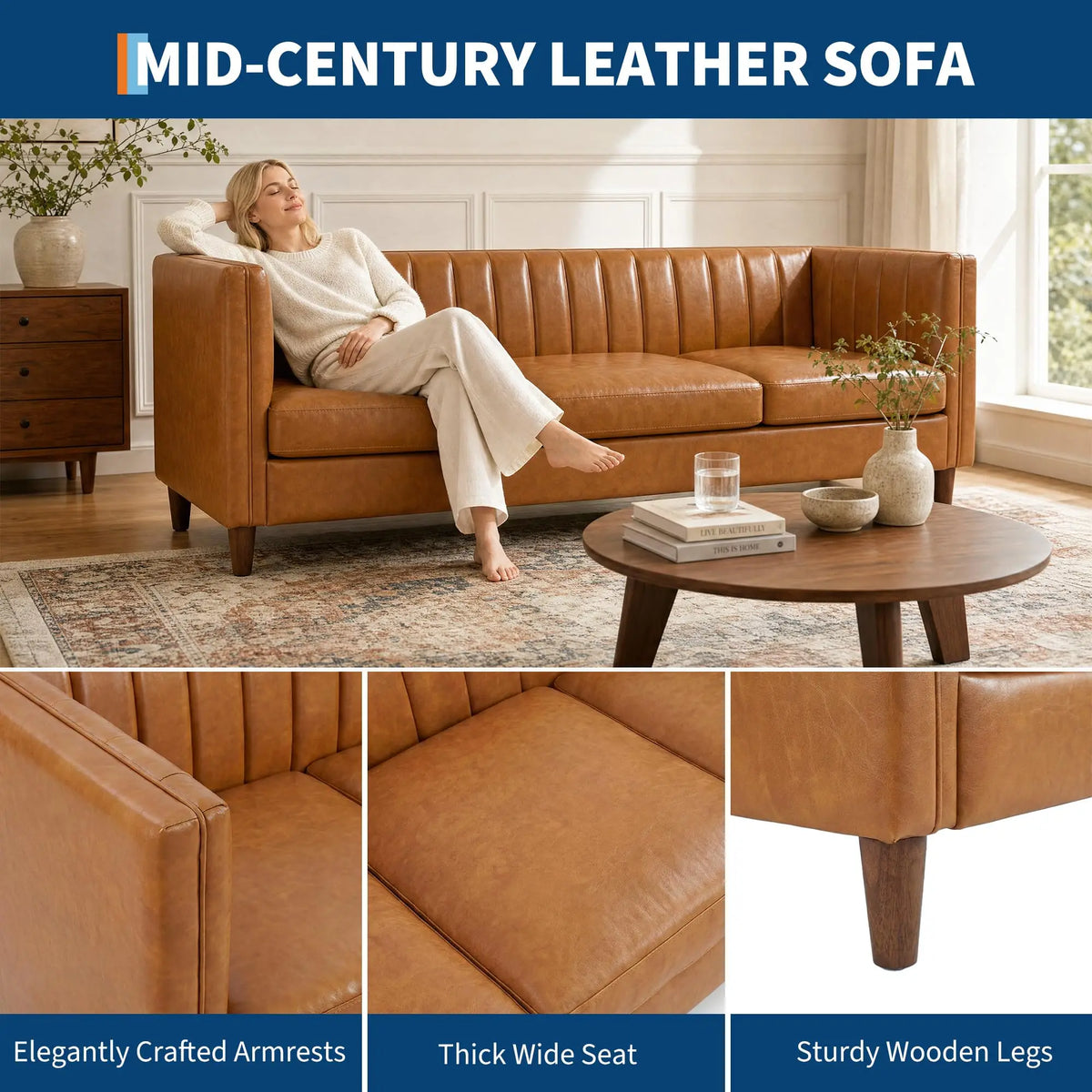 81 Inch Cognac Tan Faux Leather Sofa, Mid Century Modern 3 Seat Couch With Deep Seat, Wood Frame For Living Room, Apartment