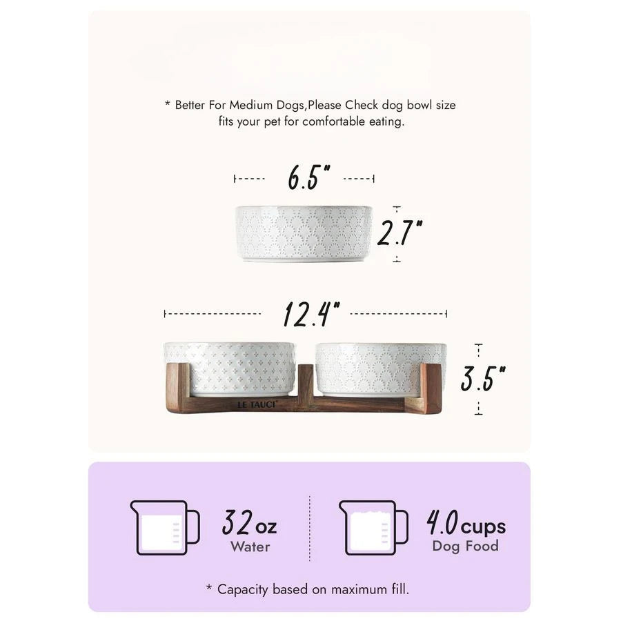 Bowls Ceramic for Small Medium Dogs 3Cup Dual Food amp Water Bowl Set with Acacia Wood Stand, NonSlip AntiTip Elevated Design