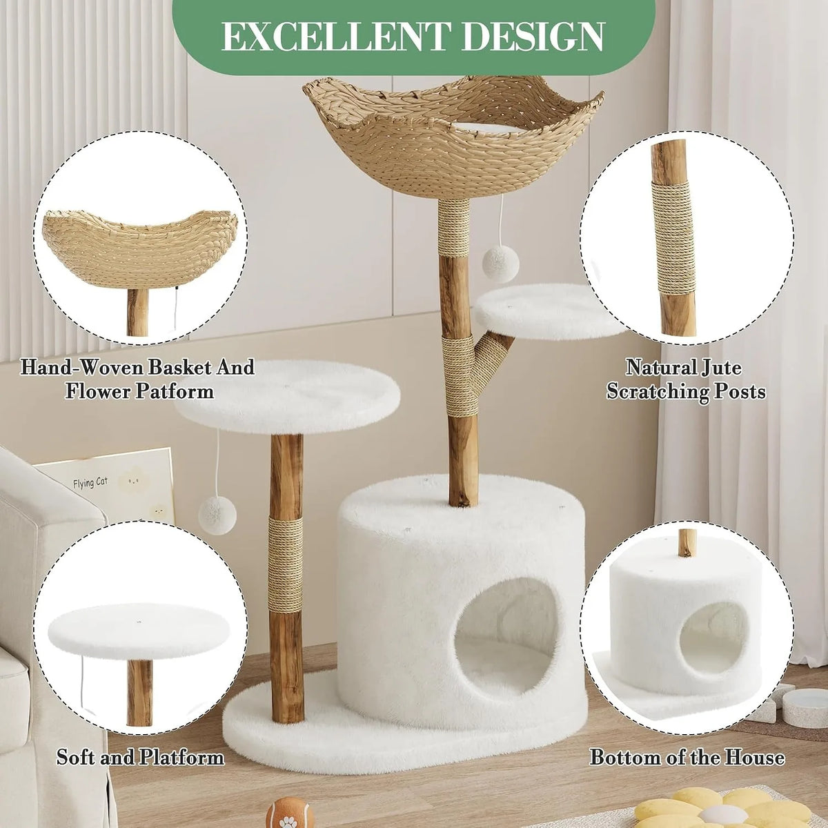 43 Inch Wooden Cat Tree Tower with Rattan, Large Cat Climbing Furniture, Multi-Level Activity Center with Perches, Sturdy Indoor Pet Furniture for Cats, Floor Mount
