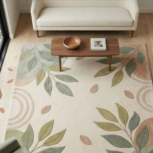 Bohemian Plant Rug, Sage Green Leaf Rug, Neutral Natural Rug, Modern Minimalist Floral Rug, Earth-Toned Living Room Rug