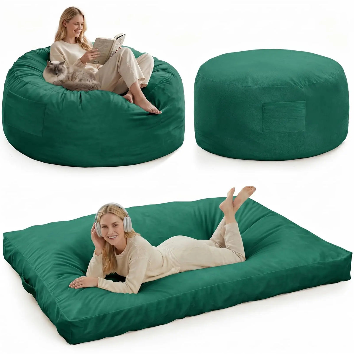Large Adult Bean Bag Chair, 4 In 1 Convertible Bean Bag Bed, Memory Foam Floor Sofa, Flannel Cover With Inner Liner For Home