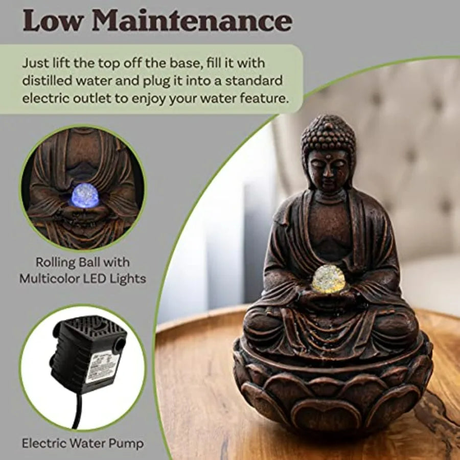 Indoor Tabletop Water Fountain - Sitting Buddha Statue with Rolling Glass Ball Multi-Colored LED Lights Electric Pump Soothing