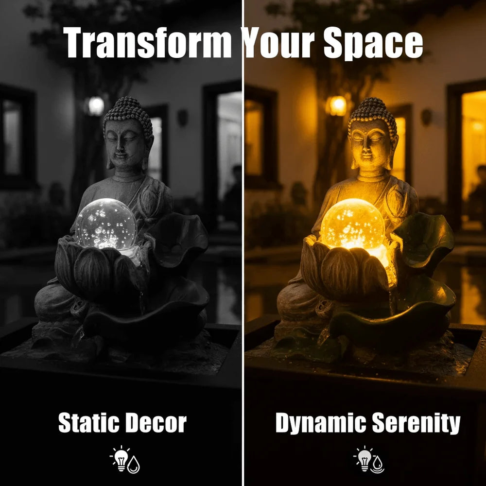 Tabletop Zen Buddha Water Fountain With ColorChanging LED Crystal Ball Cascading Indoor Water Feature, Quiet Pump Resin Figurin