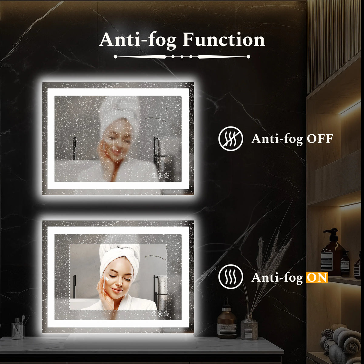 MCQ Rectangle LED Bathroom Mirror with Lights Tempered Glass Makeup Memory Function Dimmable Anti-Fog Front Lit Backlit Lighted Modern Vanity Mirror for Home Bedroom