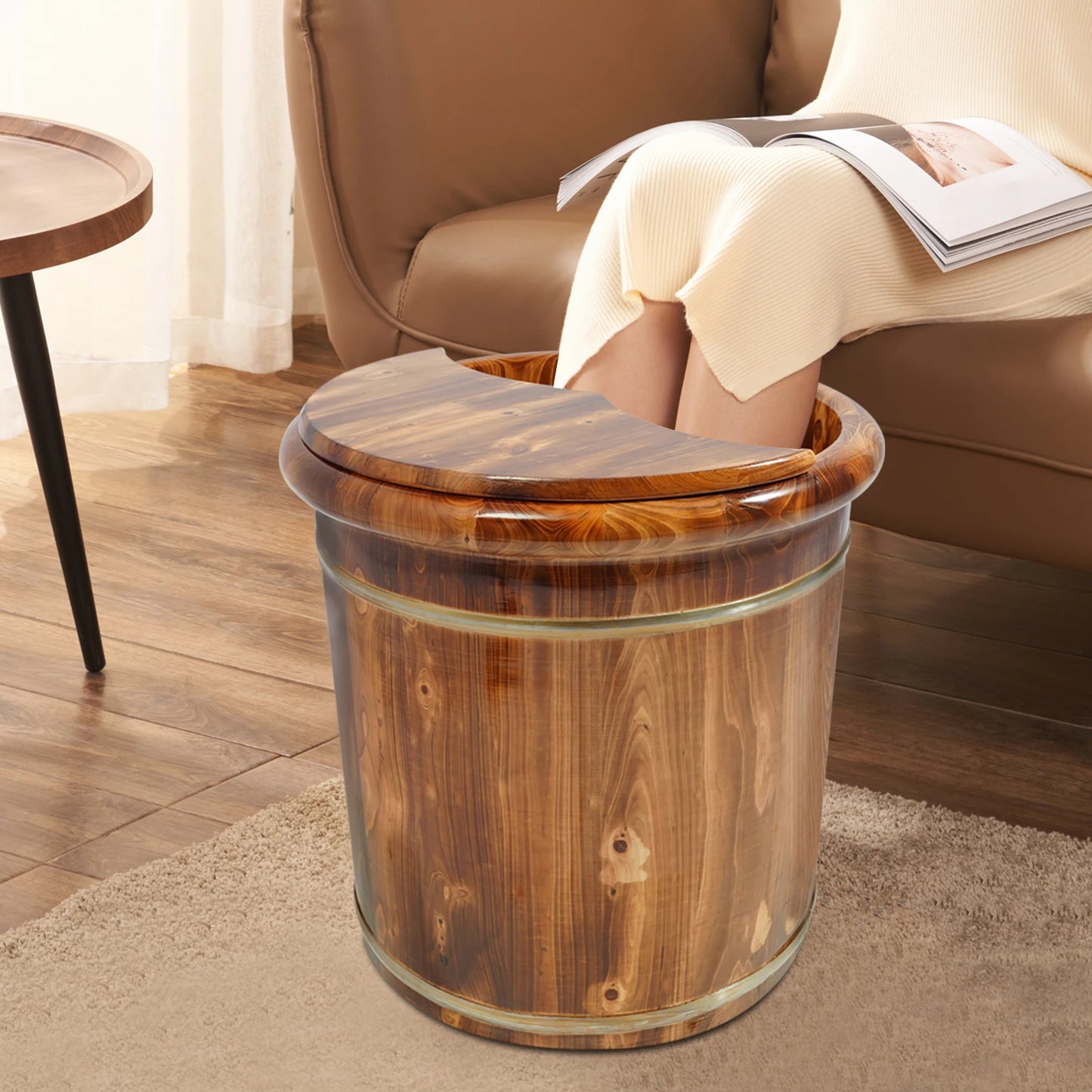 Wood Foot Bath Bucket, Portable Pedicure Bowl Soaking Tub Feet Massage Barrel Solid Wood Round Sauna Feet Basin Footbath Barrel