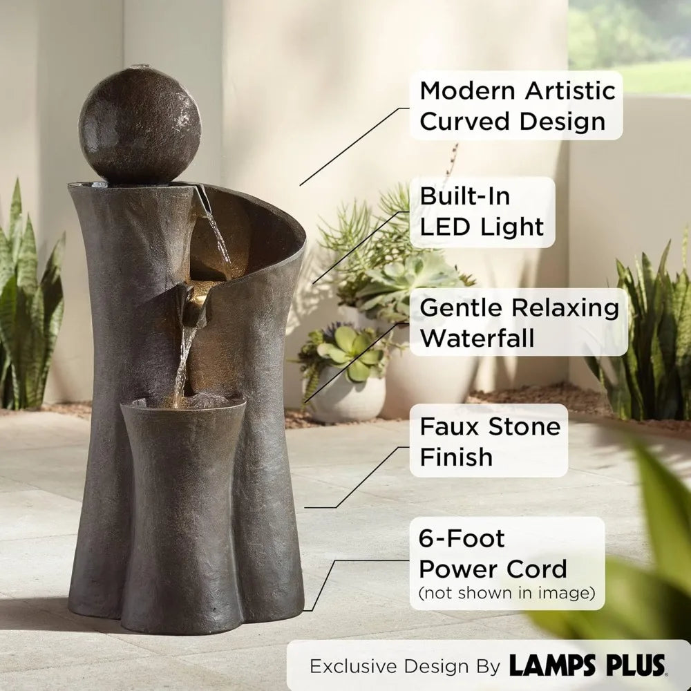 Large Modern Zen Indoor Outdoor Faux Stone Floor Fountain with LED Lighted Waterfall, 39.5" High