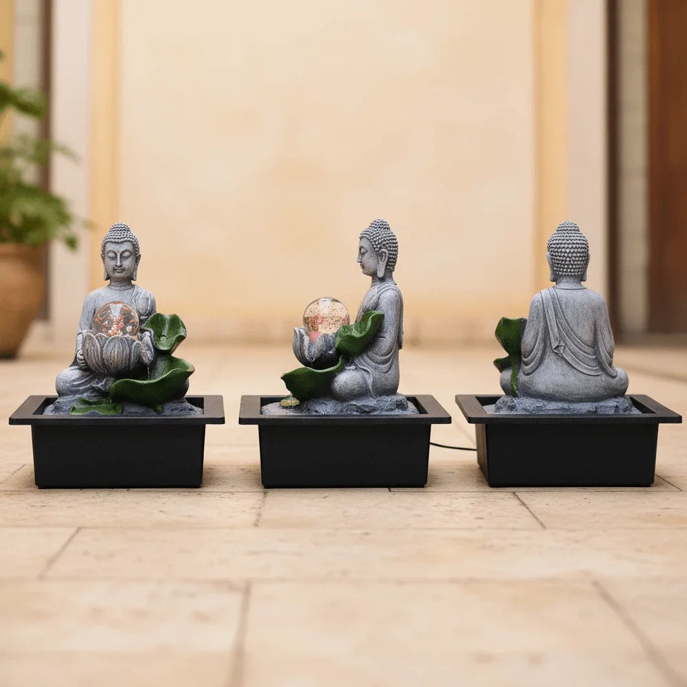 Tabletop Zen Buddha Water Fountain With ColorChanging LED Crystal Ball Cascading Indoor Water Feature, Quiet Pump Resin Figurin