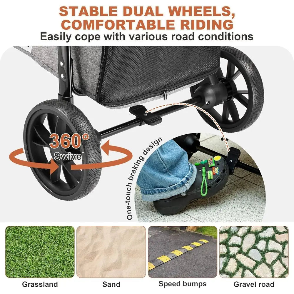 Medium Dog Stroller, Dual Entry One-Touch olding,Small and Medium Pet Stroller,360° Rotating ront Wheels,70 lbs Weight acity or