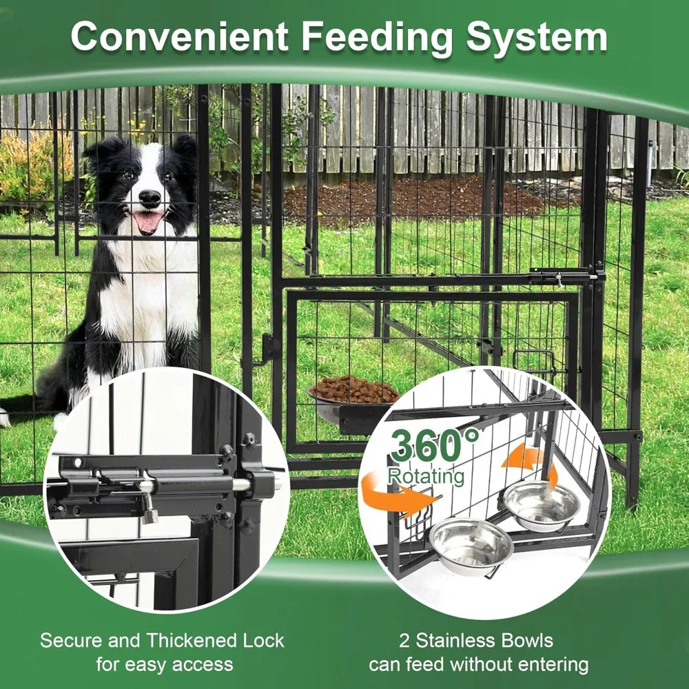 8x4x6 FT Heavy Duty Outdoor Dog Kennel with Roof, Rotating Bowls & Secure Lock for Large Dogs