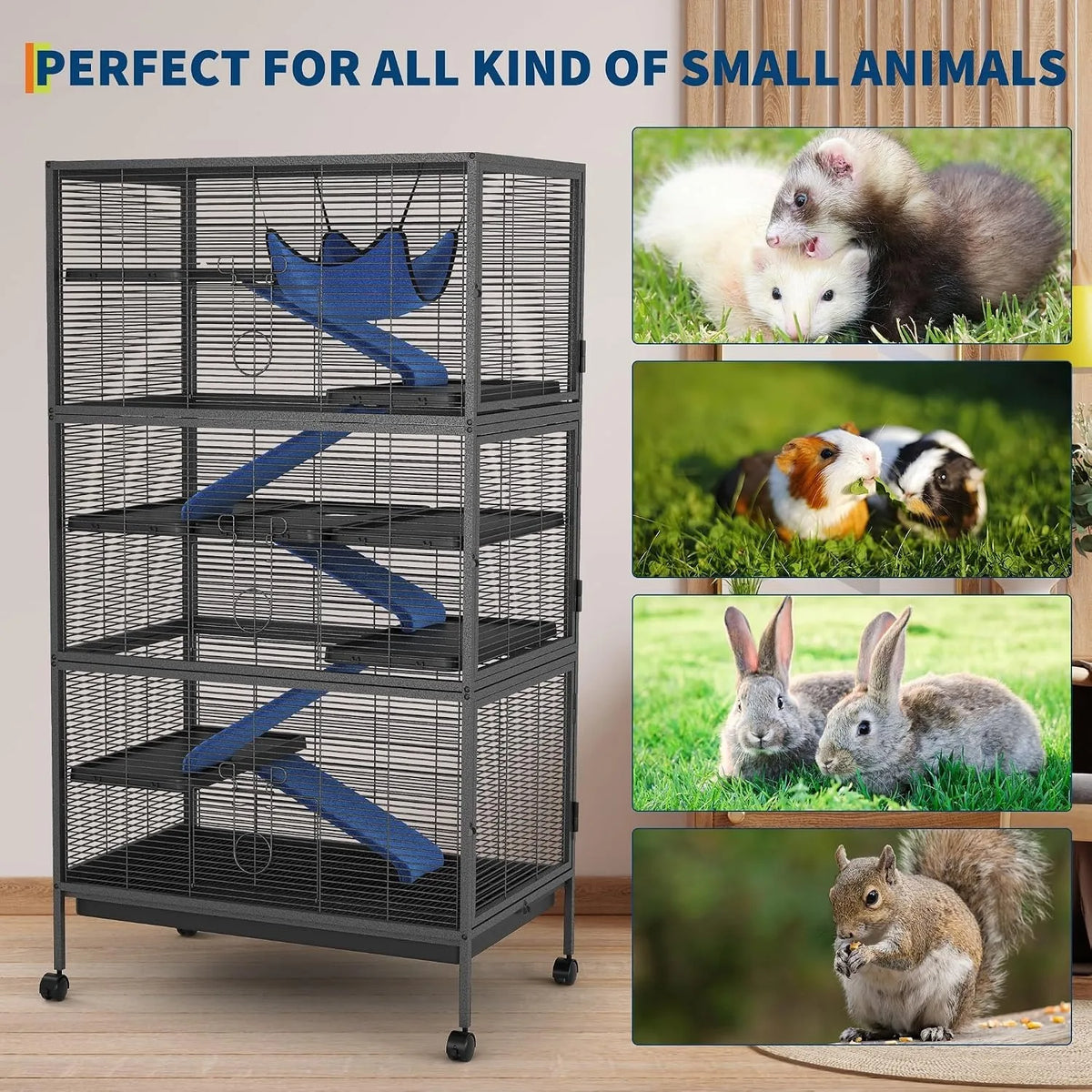 59in Tall Ferret Cage 6 Tier Small Animal Habitat with Hammock Fleece Ramps Rolling Wheels Removable Tray Multi Level Metal Cage for Chinchilla Sugar Glider and Small Pets