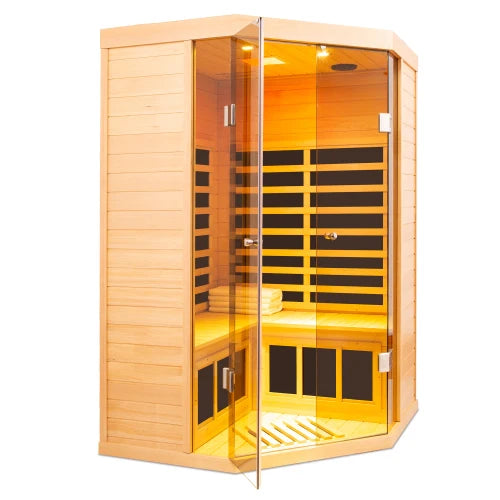 A pentagonal hemlock sauna room that can accommodate two people