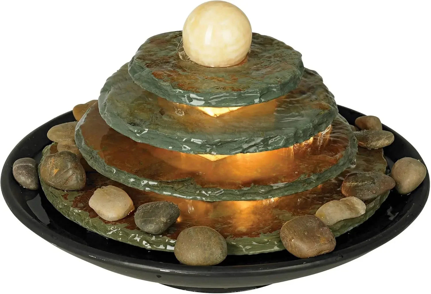 Pyramid 10" High Small Zen Modern Indoor Decor Slate Stone Tabletop Fountain with Light Waterfall Feng Shui Ball Rock Water Feat