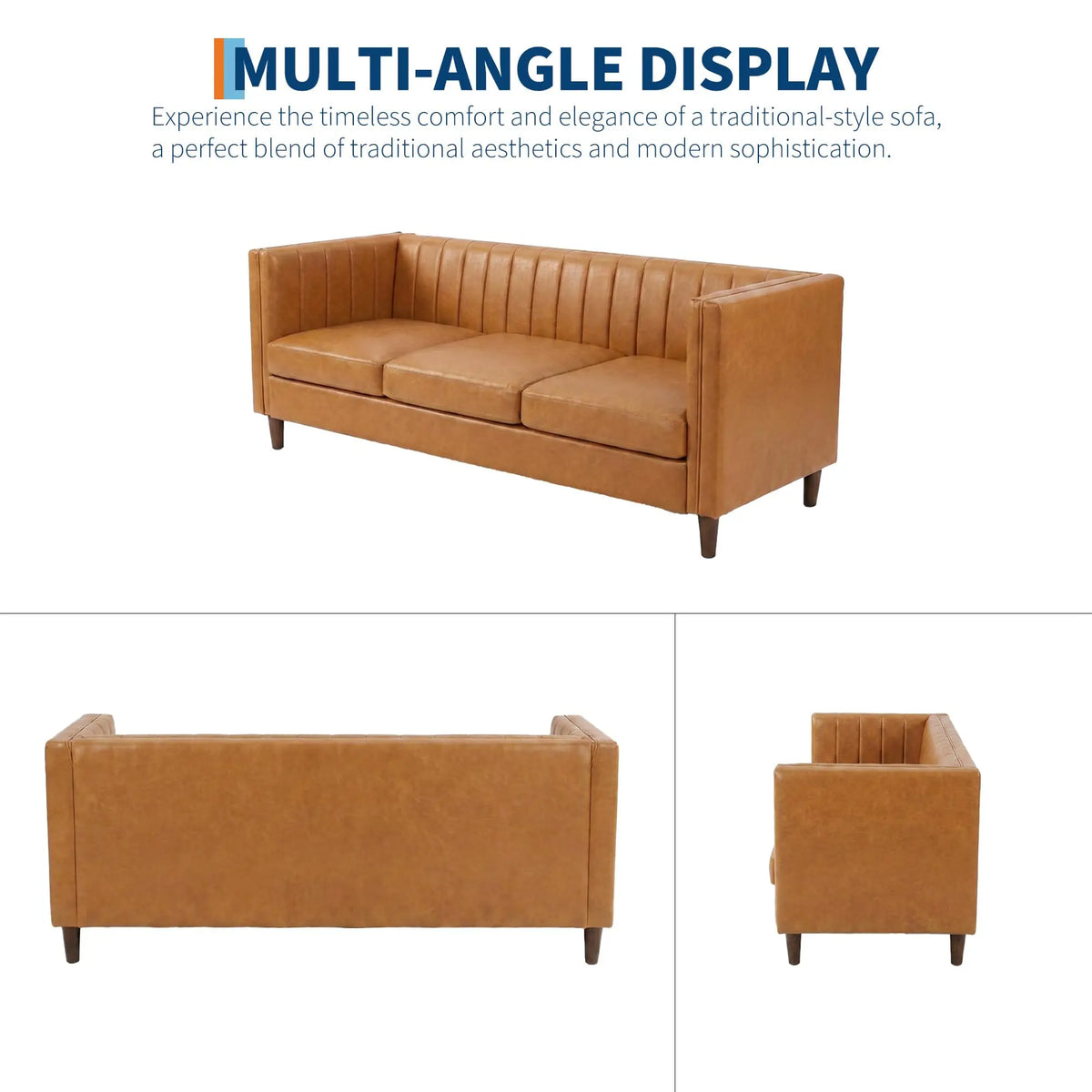 81 Inch Cognac Tan Faux Leather Sofa, Mid Century Modern 3 Seat Couch With Deep Seat, Wood Frame For Living Room, Apartment