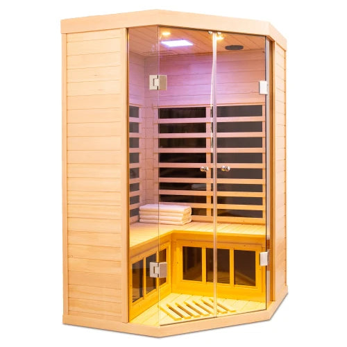A pentagonal hemlock sauna room that can accommodate two people