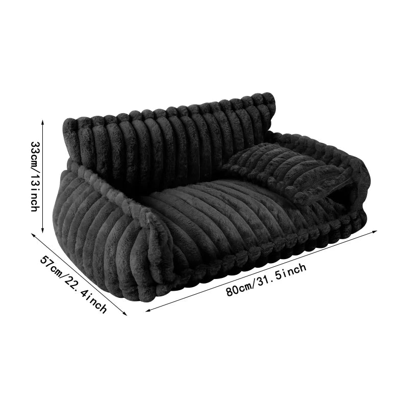 Soft Rabbit Plush Pet Sofa Bed Anti Slip Bottom Zipper Removable Cover Comfortable Pet Sleeping Couch With Pillow Fashion Striped Design Indoor Bedroom Living Room Pet Rest Furniture