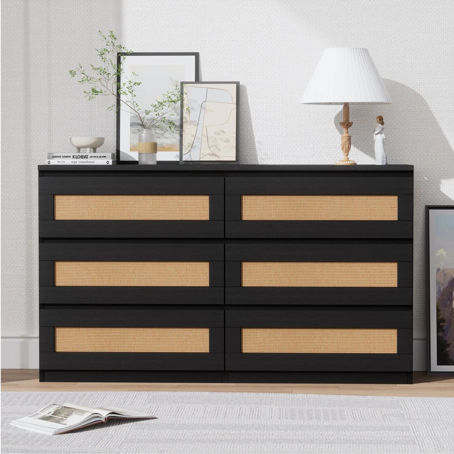 Modern Rattan 6-Drawer Dresser for Bedroom Wooden Chest of Drawers, Freestanding Storage Cabinet for Living Room and Entryway