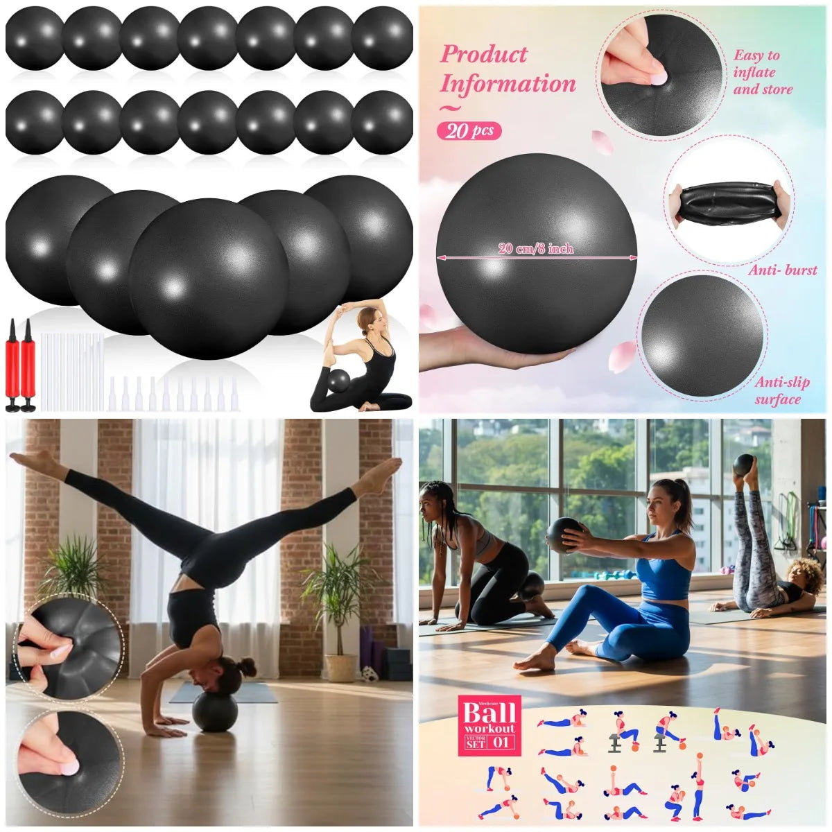 20 Pack 9 Inch Mini Pilates Balls with Pump & Inflation Tubes Bulk Yoga Exercise Balls for Barre