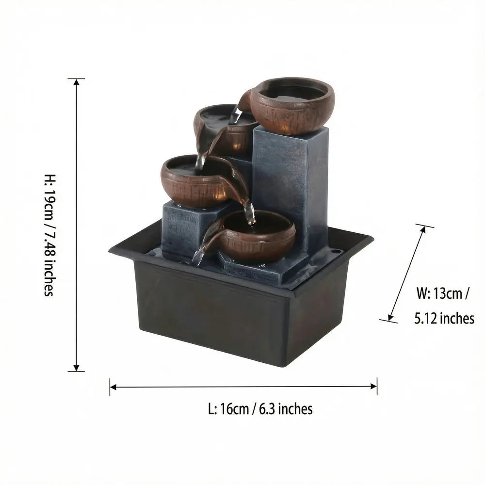 Tabletop Zen Water Fountain 4Tier Bowl Cascading Waterfall Decor, Indoor Relaxing Sound Water Feature For Home Office Desk, Rus