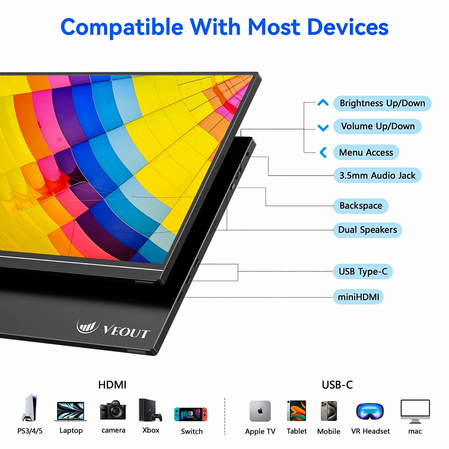 16“ VEOUT portable monitor 1920*1200P IPS,USB-C/HDMI,FreeSync 0.3" Ultra-Slim,Kickstand,4 Colors-Ideal for Gaming,Travel&Office