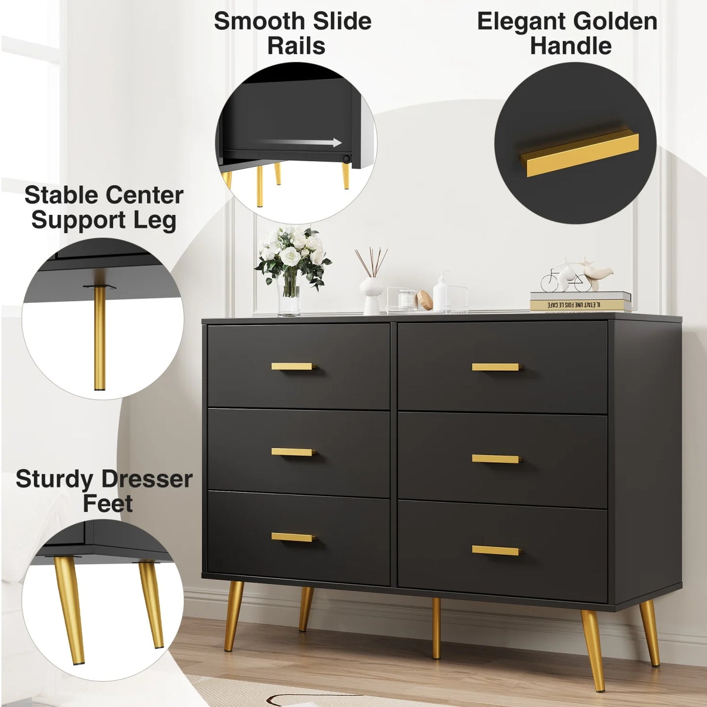 6-Drawer Chest of Drawers, Modern 6 Drawer Storage Cabinet with  Sturdy Metal Legs, Bedroom Drawer Organiser for Living Room