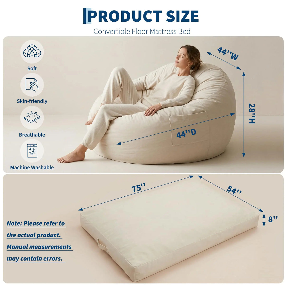 Large Adult Bean Bag Chair, 4 In 1 Convertible Bean Bag Bed, Memory Foam Floor Sofa, Flannel Cover With Inner Liner For Home