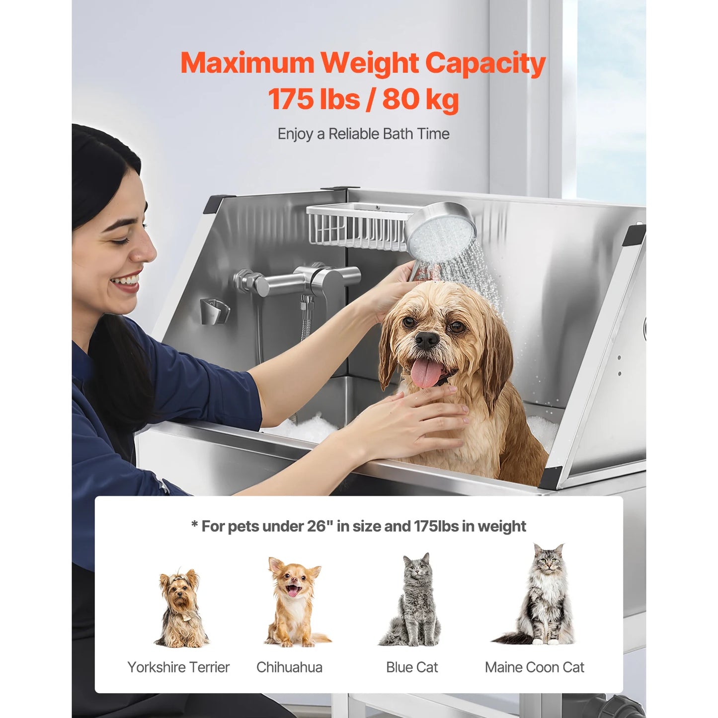 SucceBuy 34In Stainless Steel Dog Washing Station with Hot&Cold Faucet Showerhead Storage Rack No-Bend Fits Small Cats and Dogs