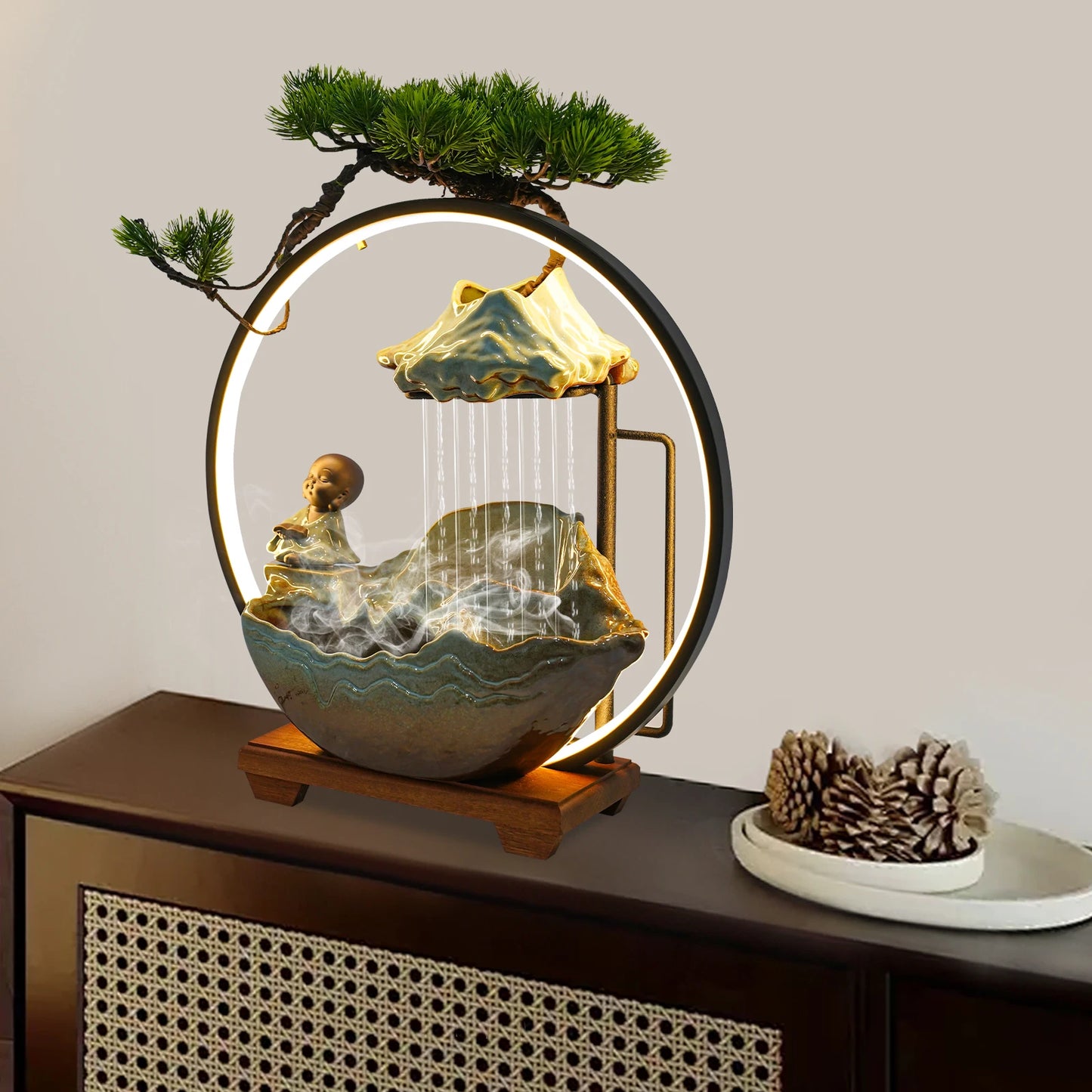 Desktop Water Fountain Decoration Chinese ancient style small flowing ornaments Poetry and Book Monk Ceramic decoration Indoor