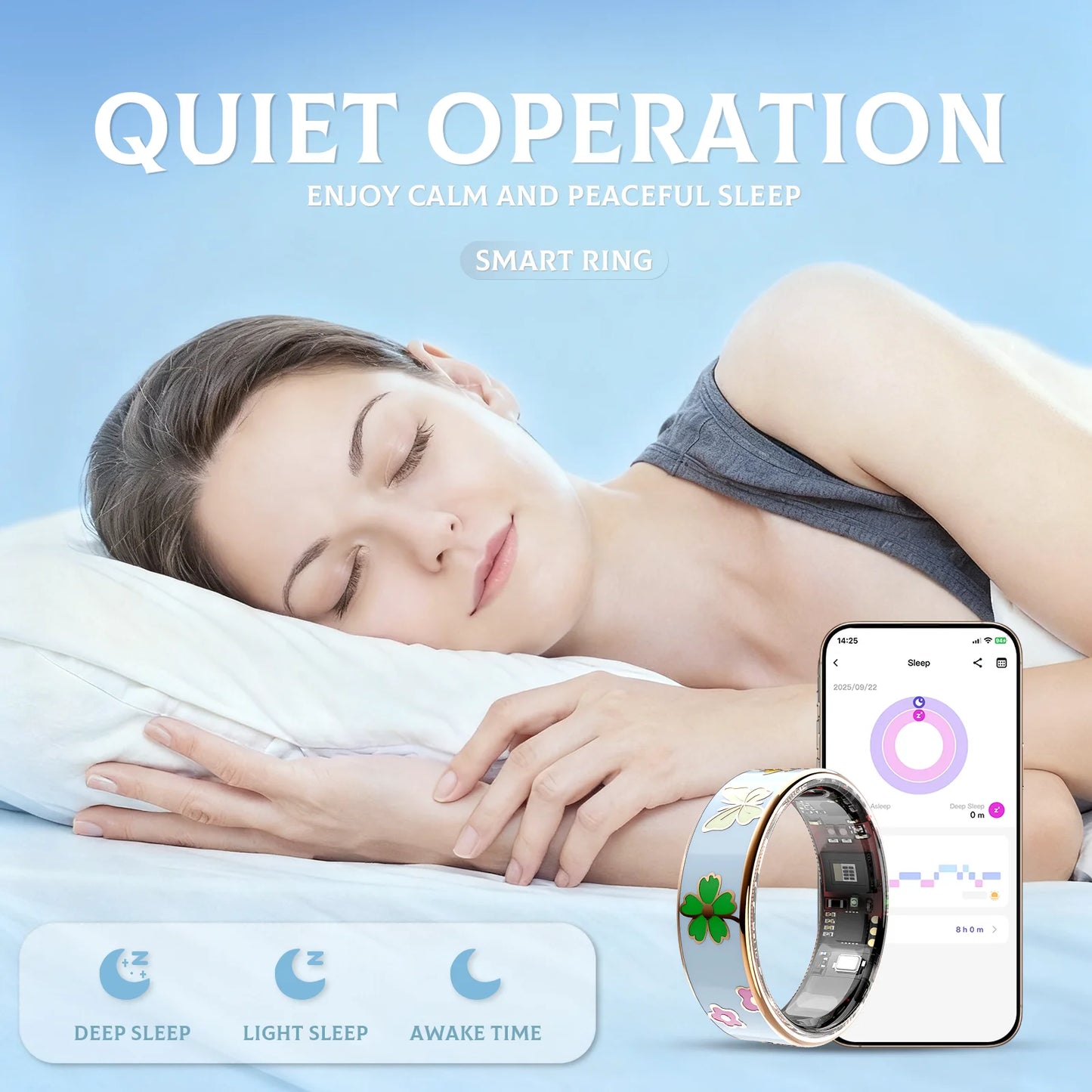 Smart ring Blue Dragonfly Lotus Style Activity tracking, calorie counting, stepcounting,distance tracking (km), 24/7 sleep tracking, heart rate monitoring, bodytemperaturemonitoring, blood oxygen monitoring, stress tracking,