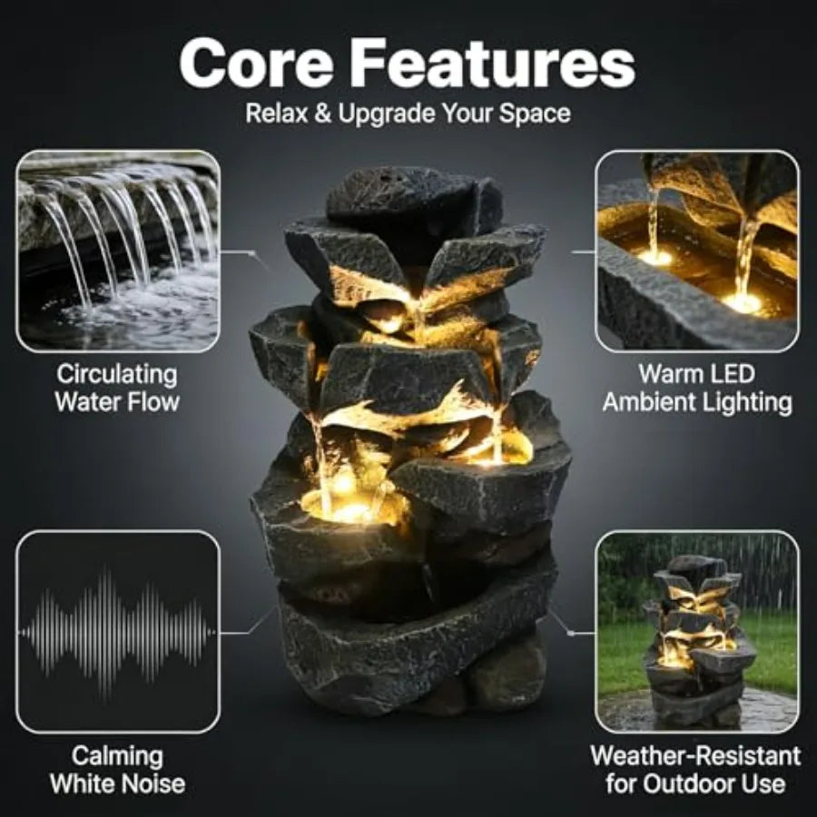 4-Tier Natural Rock Tabletop Waterfall Fountain - Indoor Outdoor Resin Water Fountain with LED Lights 11.42 L x 8.27 W x 18.31