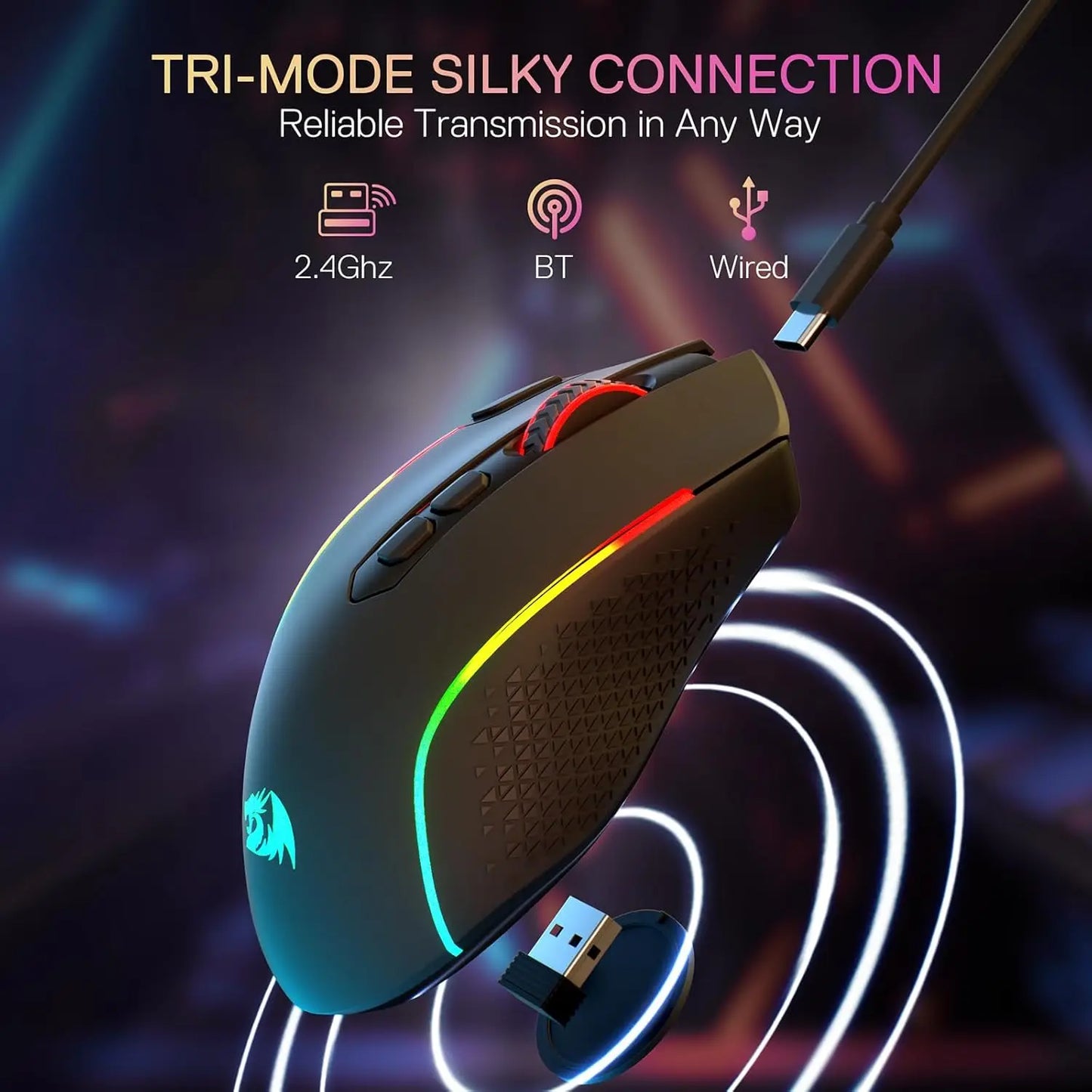 Redragon M810 MAX 3-Mode Wireless Gaming Mouse, 12000 DPI Wired/Wireless RGB Mouse,Rapid Fire Key, 8 Macro Buttons