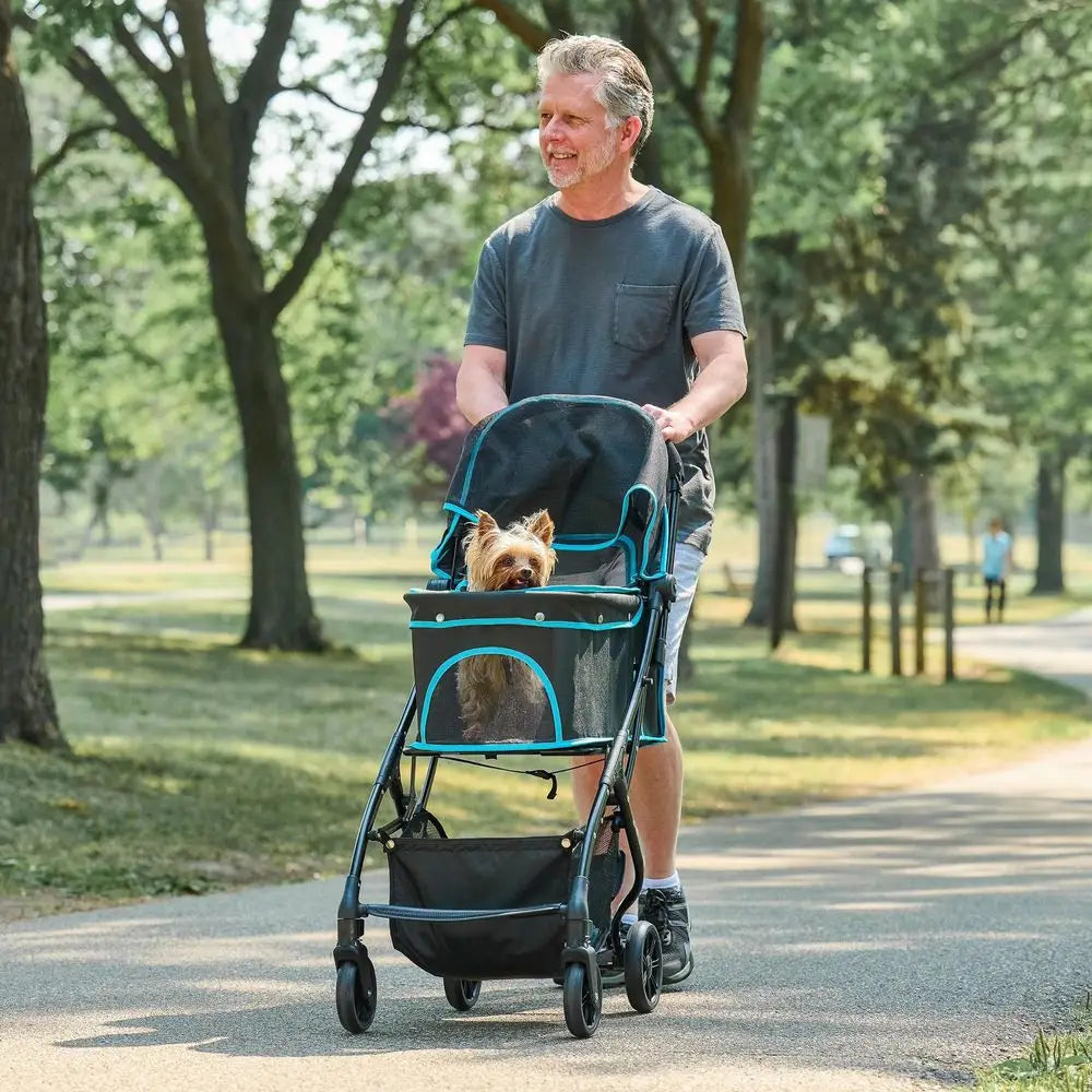 Pet Stroller, Includes 360 Degree Front Wheel Swivel, Rear Wheel Breaks, Reflective Trim, Mesh Panels, Umbrella and Mesh Canopy