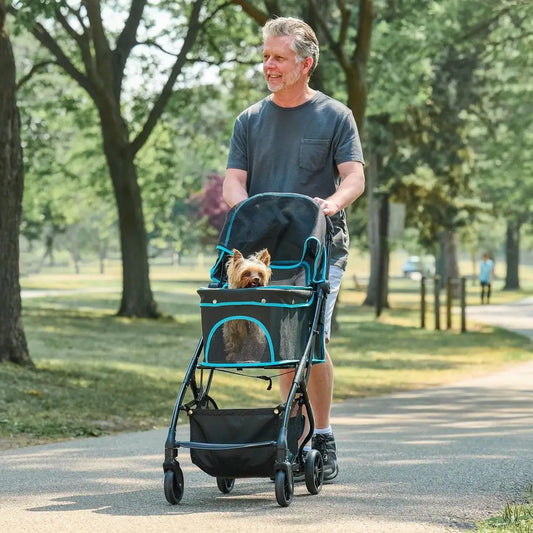 Pet Stroller, Includes 360 Degree Front Wheel Swivel, Rear Wheel Breaks, Reflective Trim, Mesh Panels, Umbrella and Mesh Canopy
