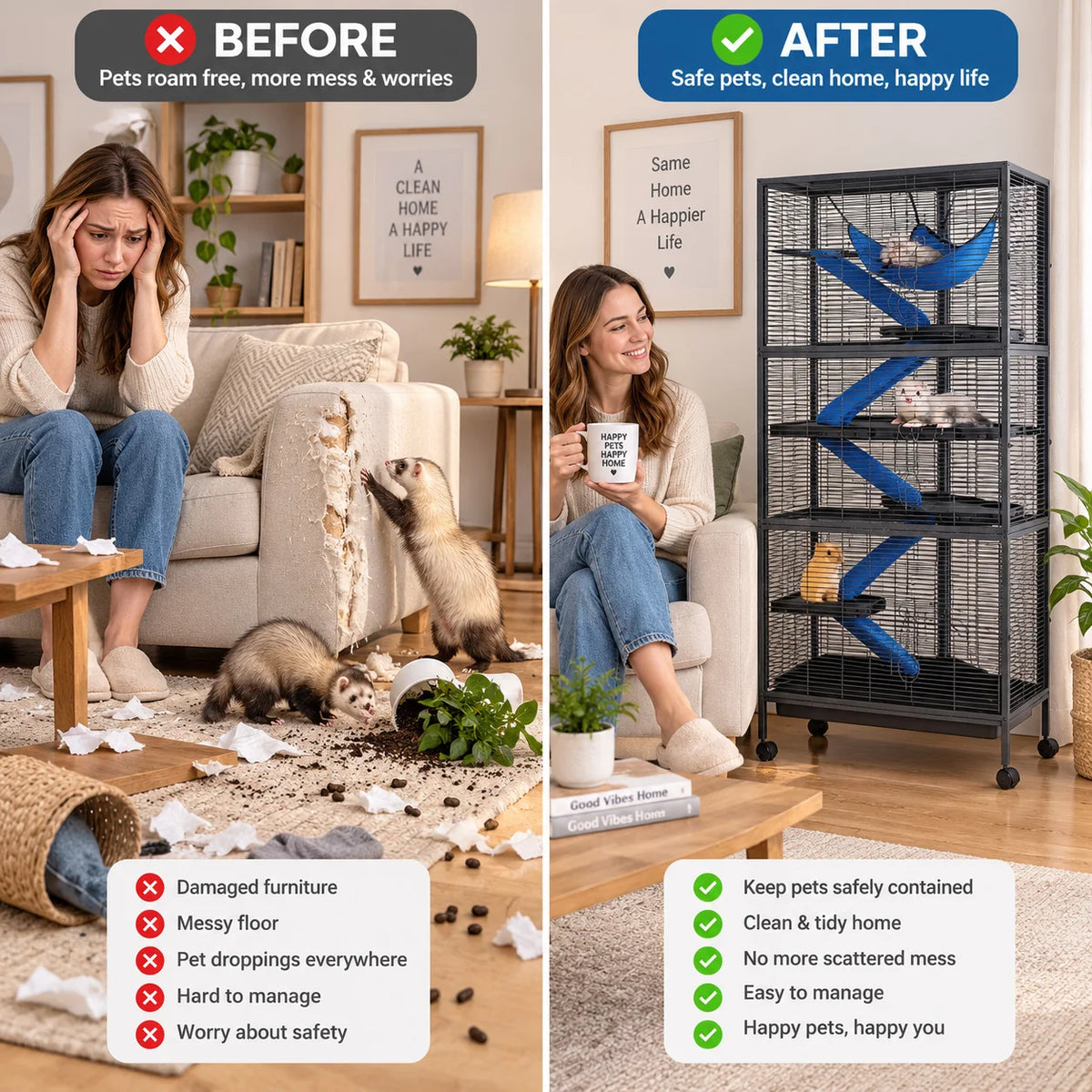 59in Tall Ferret Cage 6 Tier Small Animal Habitat with Hammock Fleece Ramps Rolling Wheels Removable Tray Multi Level Metal Cage for Chinchilla Sugar Glider and Small Pets