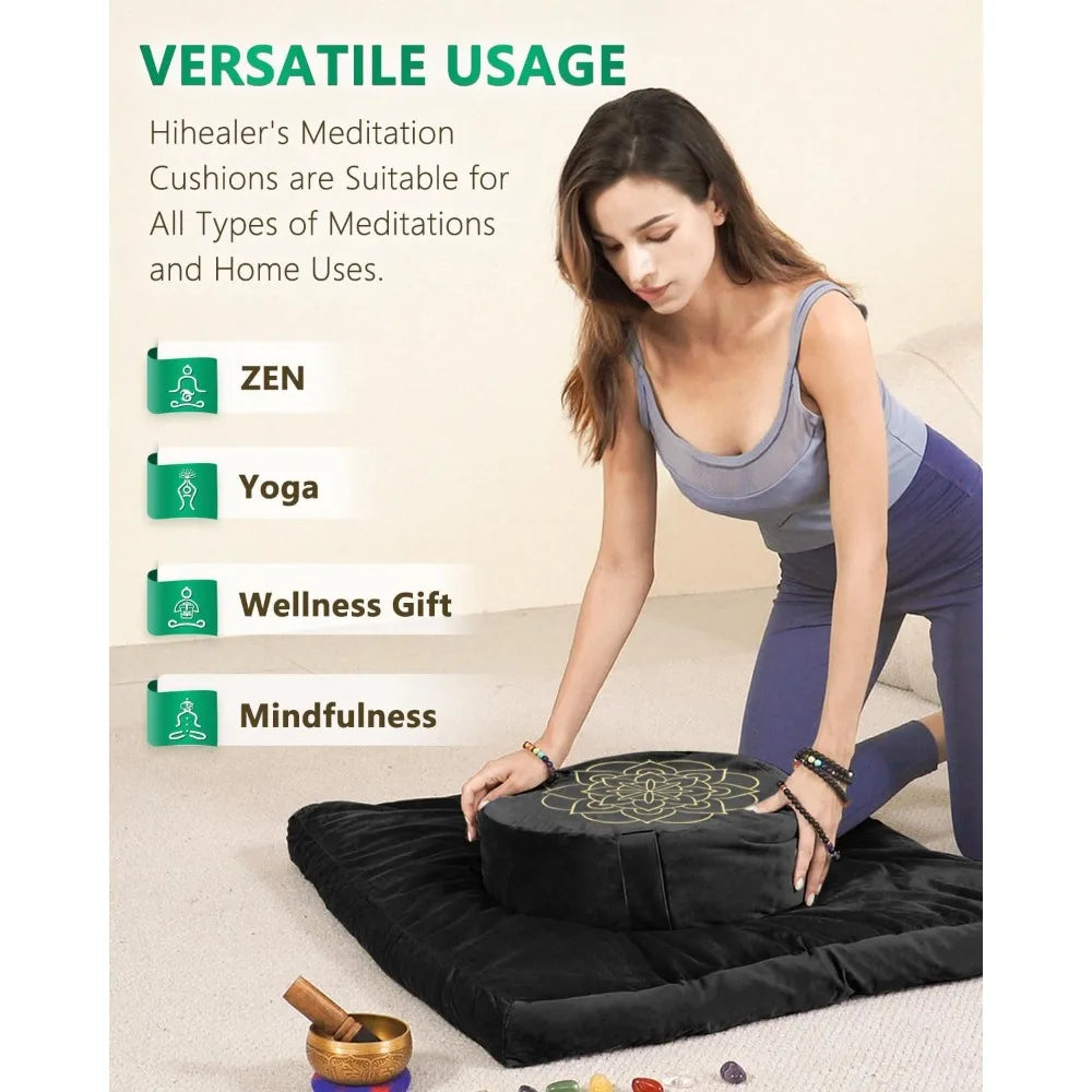 Hihealer Meditation Cushion Set Large Velvet Floor Pillow & Traditional Tibetan Yoga Bolster for Adults Zafu Meditation Mat