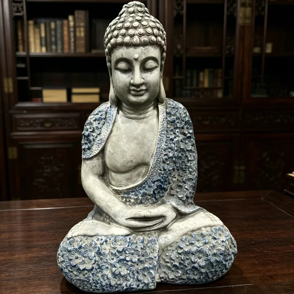 16 Inch Weatherproof Resin Meditating Buddha Statue with Blue Floral Details, Calm Zen Style Figurine, Decorative Ornament for Patio Lawn Yard Outdoor Landscape & Indoor Space