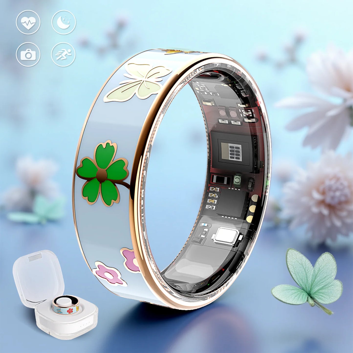 Smart ring Blue Dragonfly Lotus Style Activity tracking, calorie counting, stepcounting,distance tracking (km), 24/7 sleep tracking, heart rate monitoring, bodytemperaturemonitoring, blood oxygen monitoring, stress tracking,